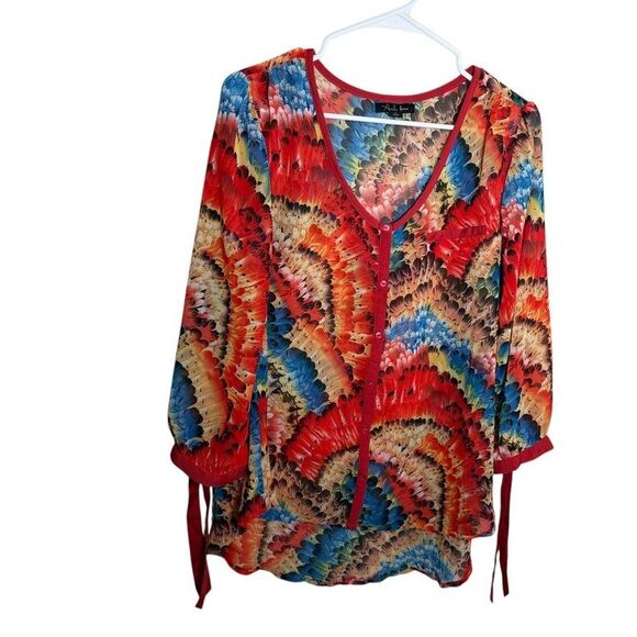 Antilia Femme Blouse Women's Large Printed V-Neck 3/4 Sleeve Tie Boho Top - Picture 1 of 9